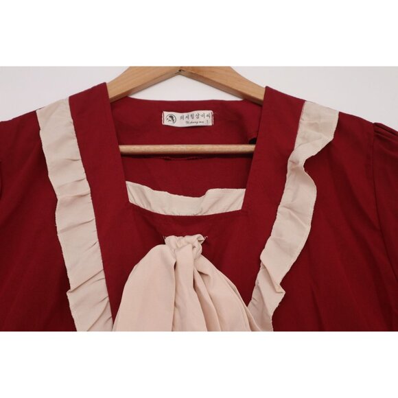 Vintage-Style Lolita Dress With Bow Collar & Ruffled Trim Red & Cream Cotton - Picture 5 of 9